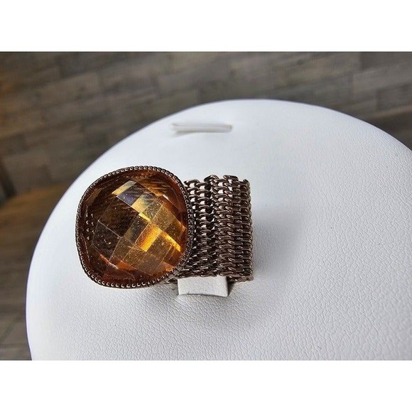 Copper Colored Large Orange Stone Mesh Chain Ring, Size 6 - Picture 3 of 4